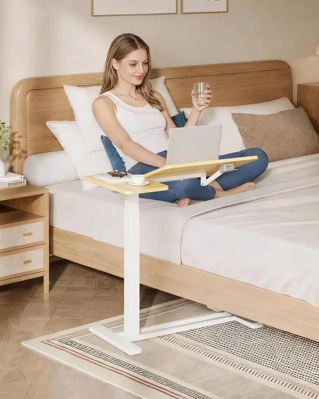 Alt view image 2 of 7 - Small Rolling Overbed Table Adjustable Height with Wheels, Mobile Laptop Desk with Tilting Desktop, Portable Computer Workstation for Home Office, Classroom, Bedside, Maple