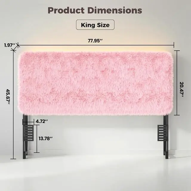 Alt view image 2 of 7 - Princess Headboard King Size, Upholstered Plush Headboard, 42.1" to 46.1" Adjustable Height, Pink