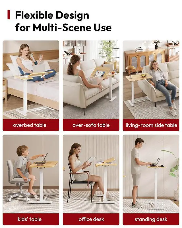 Alt view image 6 of 7 - Small Rolling Overbed Table Adjustable Height with Wheels, Mobile Laptop Desk with Tilting Desktop, Portable Computer Workstation for Home Office, Classroom, Bedside, Maple