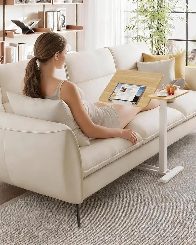 Alt view image 4 of 7 - Small Rolling Overbed Table Adjustable Height with Wheels, Mobile Laptop Desk with Tilting Desktop, Portable Computer Workstation for Home Office, Classroom, Bedside, Maple