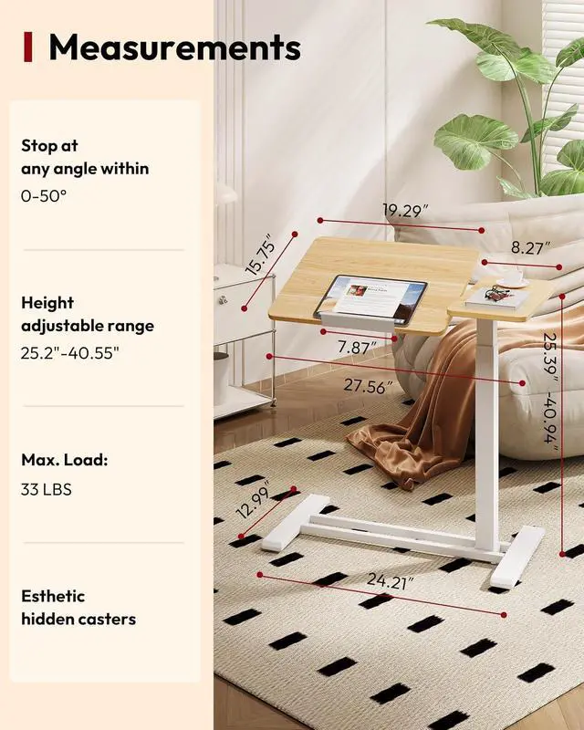 Alt view image 3 of 7 - Small Rolling Overbed Table Adjustable Height with Wheels, Mobile Laptop Desk with Tilting Desktop, Portable Computer Workstation for Home Office, Classroom, Bedside, Maple