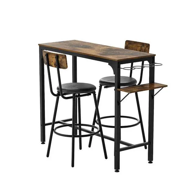 Alt view image 7 of 7 - 3 Piece Industrial Bar Table and Chairs Set for 2 Dining Table Set with 2 PU Upholstered Stools, Metal Base Kitchen Counter Height Dining Table Set with Adjustable Table Base, Brown
