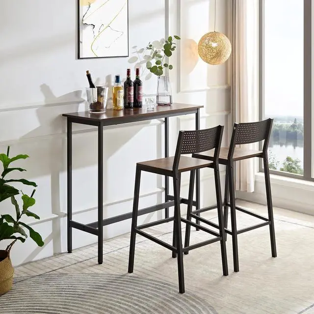 Main image of 3 Piece Dining Table Set Industrial Small Bar Table and Chairs Set for 2, Metal Base Kitchen Counter Height Dining Table Set with Adjustable Table Base for Bars, Kitchens, Restaurants, Brown
