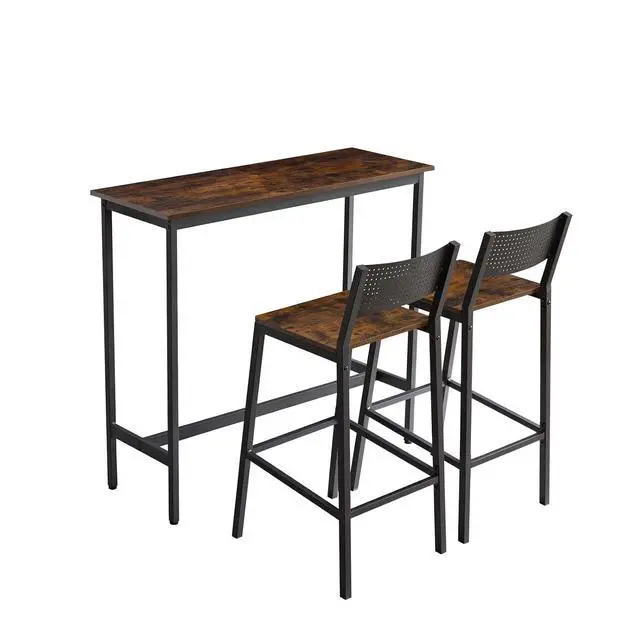 Alt view image 4 of 7 - 3 Piece Dining Table Set Industrial Small Bar Table and Chairs Set for 2, Metal Base Kitchen Counter Height Dining Table Set with Adjustable Table Base for Bars, Kitchens, Restaurants, Brown