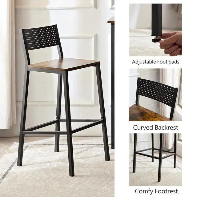 Alt view image 3 of 7 - 3 Piece Dining Table Set Industrial Small Bar Table and Chairs Set for 2, Metal Base Kitchen Counter Height Dining Table Set with Adjustable Table Base for Bars, Kitchens, Restaurants, Brown