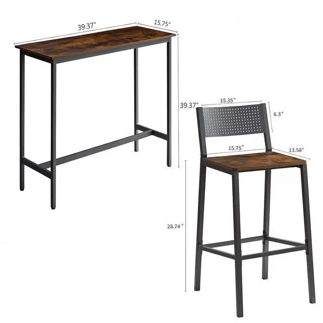 Alt view image 2 of 7 - 3 Piece Dining Table Set Industrial Small Bar Table and Chairs Set for 2, Metal Base Kitchen Counter Height Dining Table Set with Adjustable Table Base for Bars, Kitchens, Restaurants, Brown