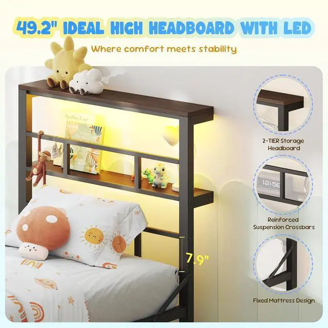 Alt view image 3 of 6 - Twin Size Bed Frame with 49.2-Inch LED High Headboard and 2-Tier Storage, Metal Platform Bed, Black