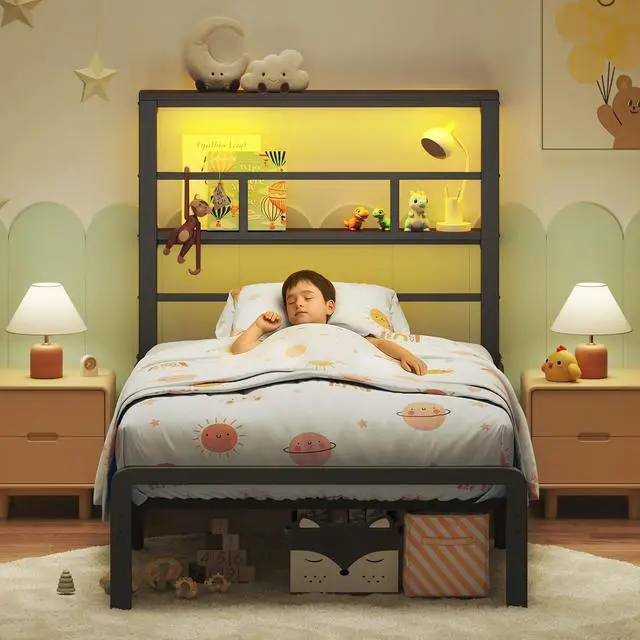 Main image of Twin Size Bed Frame with 49.2-Inch LED High Headboard and 2-Tier Storage, Metal Platform Bed, Black
