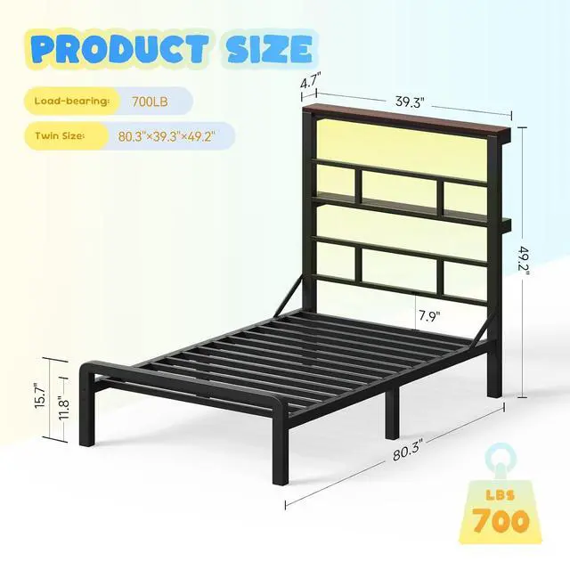 Alt view image 2 of 6 - Twin Size Bed Frame with 49.2-Inch LED High Headboard and 2-Tier Storage, Metal Platform Bed, Black