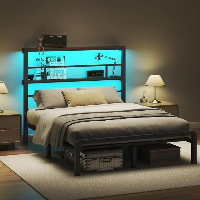 Main image of Full Size Bed Frame with 49.2-Inch LED High Headboard and 2-Tier Storage, Metal Platform Bed, Black
