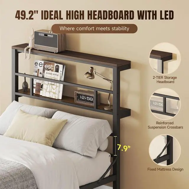 Alt view image 3 of 6 - Full Size Bed Frame with 49.2-Inch LED High Headboard and 2-Tier Storage, Metal Platform Bed, Black
