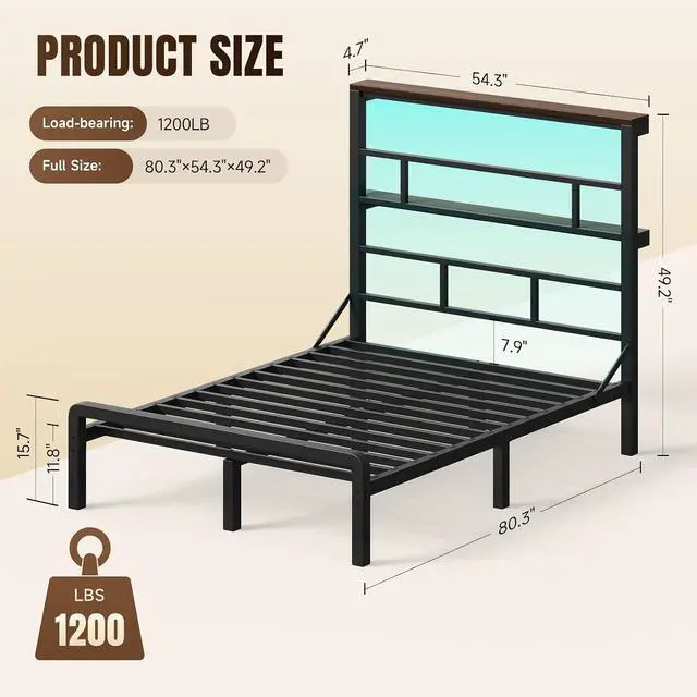 Alt view image 2 of 6 - Full Size Bed Frame with 49.2-Inch LED High Headboard and 2-Tier Storage, Metal Platform Bed, Black