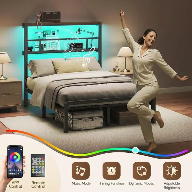 Alt view image 4 of 6 - Full Size Bed Frame with 49.2-Inch LED High Headboard and 2-Tier Storage, Metal Platform Bed, Black