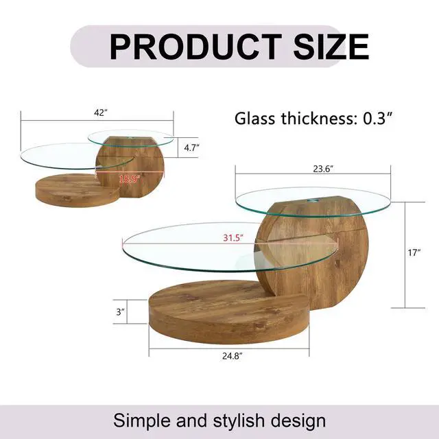Alt view image 2 of 7 - 42 Inches Glass Coffee Table, Modern Round Tempered Glass Coffee Tables for Living Room, 3-Tier Circle Wood Coffee Table with Storage Clear Cocktail Table for Small Space Home Office (Wood)