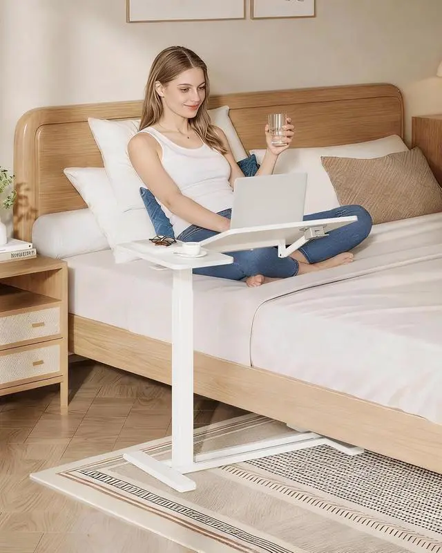 Alt view image 2 of 7 - Small Rolling Overbed Table Adjustable Height with Wheels, Mobile Laptop Desk with Tilting Desktop, Portable Computer Workstation for Home Office, Classroom, Bedside, White