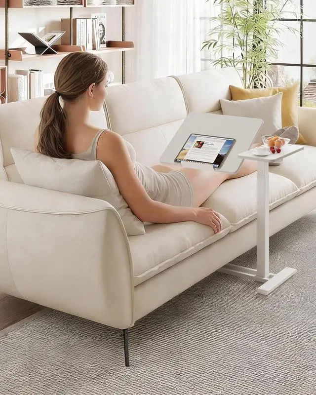 Alt view image 4 of 7 - Small Rolling Overbed Table Adjustable Height with Wheels, Mobile Laptop Desk with Tilting Desktop, Portable Computer Workstation for Home Office, Classroom, Bedside, White