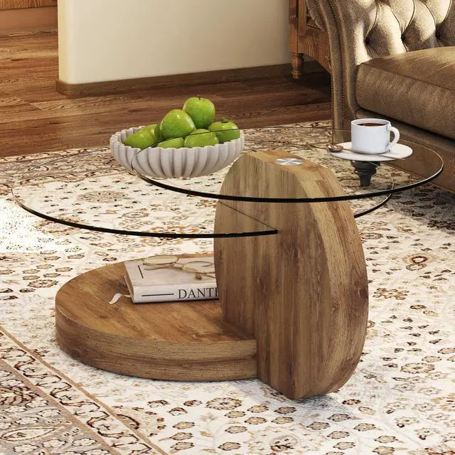 Alt view image 7 of 7 - 42" Glass Coffee Table, Modern Round Tempered Clear Coffee Tables Decor for Living Room, 3-Tier Circle Coffee Table with Storage Wooden Accent Center Table Side Table for Home Office (Wood)