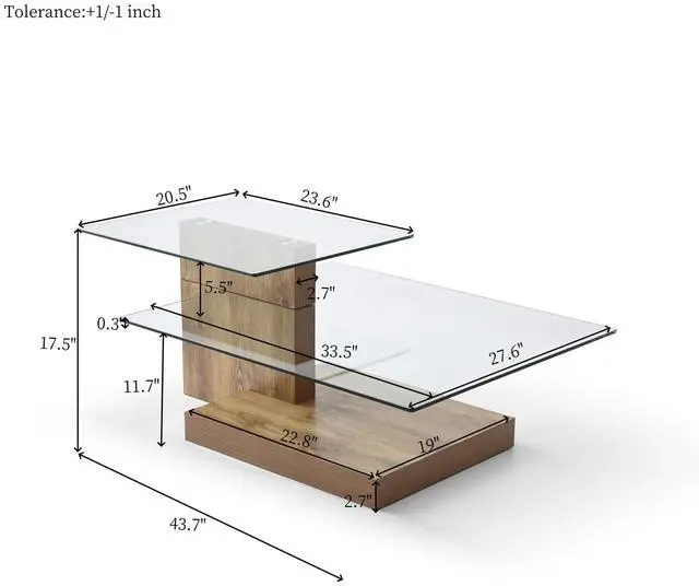 Alt view image 2 of 7 - Glass Coffee Table with Storage, 44 Inch Rectangular Coffee Tables for Living Room, 3-Tier Tempered Glass Wooden Center Table Modern Accent Cocktail Table for Home Office (Wood)