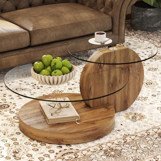 Alt view image 6 of 7 - 42" Glass Coffee Table, Modern Round Tempered Clear Coffee Tables Decor for Living Room, 3-Tier Circle Coffee Table with Storage Wooden Accent Center Table Side Table for Home Office (Wood)