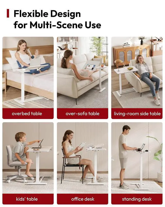 Alt view image 6 of 7 - Small Rolling Overbed Table Adjustable Height with Wheels, Mobile Laptop Desk with Tilting Desktop, Portable Computer Workstation for Home Office, Classroom, Bedside, White