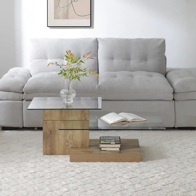 Main image of Glass Coffee Table with Storage, 44 Inch Rectangular Coffee Tables for Living Room, 3-Tier Tempered Glass Wooden Center Table Modern Accent Cocktail Table for Home Office (Wood)