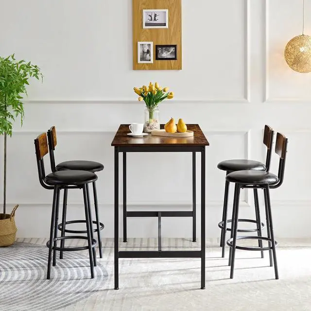 Alt view image 3 of 7 - Bar Table and Chairs Set for 4, 5 Pieces Industrial Wood Kitchen Dining Table Counter Height Pub Table with 4 PU Upholstered Chairs with Backrest,Suitable for Kitchen, Restaurant, Bar(Brown)