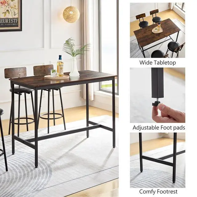 Alt view image 5 of 7 - Bar Table and Chairs Set for 4, 5 Pieces Industrial Wood Kitchen Dining Table Counter Height Pub Table with 4 PU Upholstered Chairs with Backrest,Suitable for Kitchen, Restaurant, Bar(Brown)