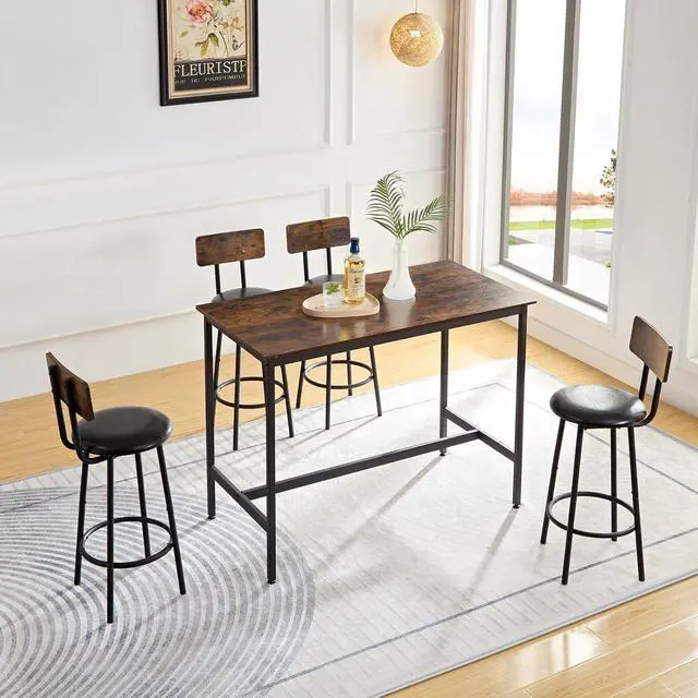 Alt view image 4 of 7 - Bar Table and Chairs Set for 4, 5 Pieces Industrial Wood Kitchen Dining Table Counter Height Pub Table with 4 PU Upholstered Chairs with Backrest,Suitable for Kitchen, Restaurant, Bar(Brown)