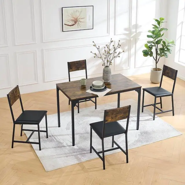 Alt view image 3 of 7 - Modern Dining Room Set for 4, 5 Pieces Industrial Kitchen Table and Chairs with Backrest, Rectangular Space-Saving Dinette Set for Dining Room, Apartment, Small Space, Rustic Brown