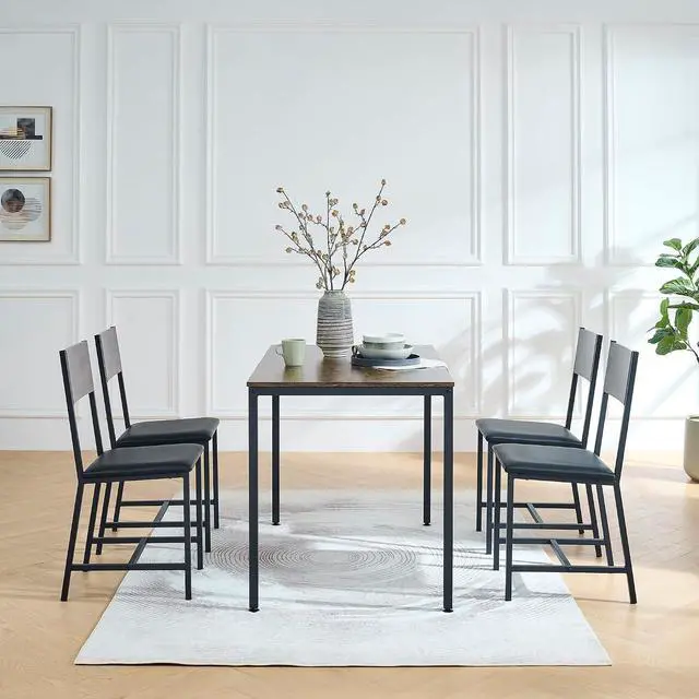 Main image of Modern Dining Room Set for 4, 5 Pieces Industrial Kitchen Table and Chairs with Backrest, Rectangular Space-Saving Dinette Set for Dining Room, Apartment, Small Space, Rustic Brown