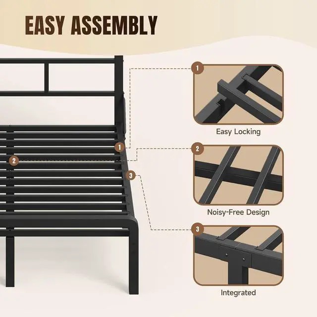 Alt view image 6 of 6 - Full Size Bed Frame with 49.2-Inch LED High Headboard and 2-Tier Storage, Metal Platform Bed, Black