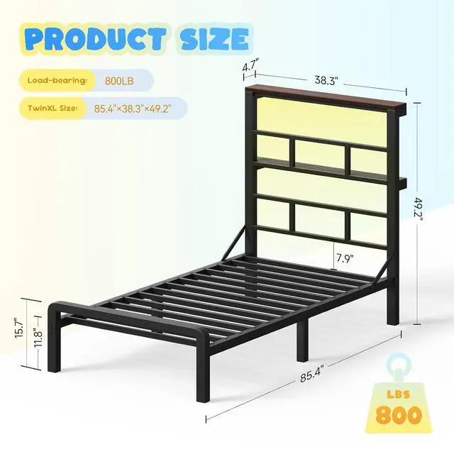 Alt view image 2 of 6 - Twin XL Size Bed Frame with 49.2-Inch LED High Headboard and 2-Tier Storage, Metal Platform Bed, Black