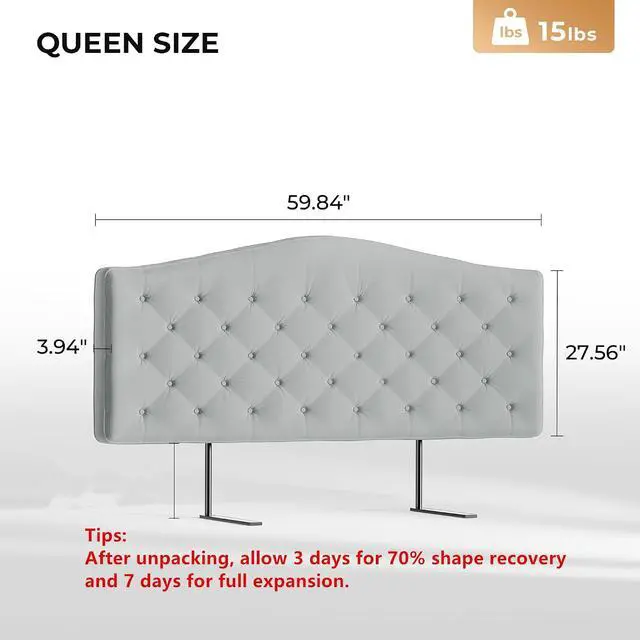 Alt view image 2 of 7 - Upholstered Headboard Queen Size with 4" Thickened High-Density Sponge, Modern Button-Tufted Queen Headboard Only, Luxury Chenille Fabric, Easy Assembly, Grey