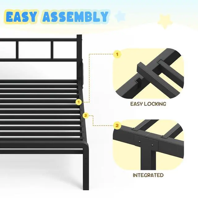 Alt view image 6 of 6 - Twin XL Size Bed Frame with 49.2-Inch LED High Headboard and 2-Tier Storage, Metal Platform Bed, Black