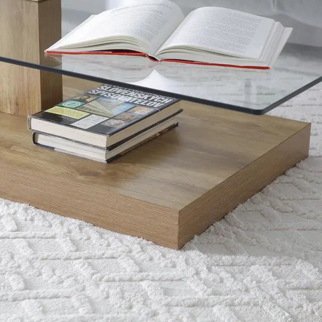 Alt view image 3 of 7 - Glass Coffee Table with Storage, 44 Inch Rectangular Coffee Tables for Living Room, 3-Tier Tempered Glass Wooden Center Table Modern Accent Cocktail Table for Home Office (Wood)