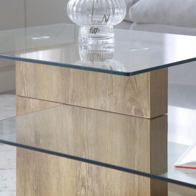 Alt view image 5 of 7 - Glass Coffee Table with Storage, 44 Inch Rectangular Coffee Tables for Living Room, 3-Tier Tempered Glass Wooden Center Table Modern Accent Cocktail Table for Home Office (Wood)