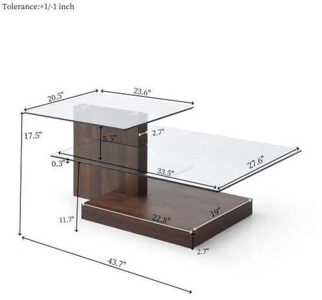 Alt view image 2 of 7 - Glass Coffee Table with Storage, 44 Inch Rectangular Coffee Tables for Living Room, 3-Tier Tempered Glass Wooden Center Table Modern Accent Cocktail Table for Home Office (Walnut)
