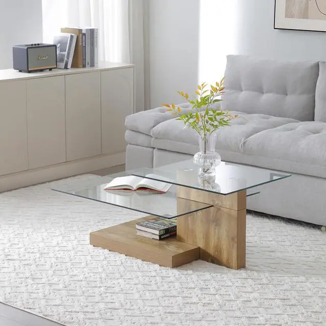 Alt view image 7 of 7 - Glass Coffee Table with Storage, 44 Inch Rectangular Coffee Tables for Living Room, 3-Tier Tempered Glass Wooden Center Table Modern Accent Cocktail Table for Home Office (Wood)