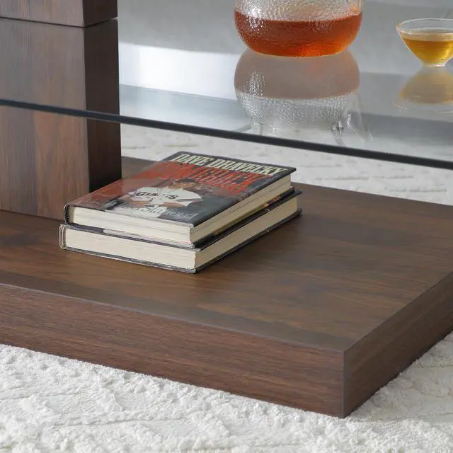 Alt view image 3 of 7 - Glass Coffee Table with Storage, 44 Inch Rectangular Coffee Tables for Living Room, 3-Tier Tempered Glass Wooden Center Table Modern Accent Cocktail Table for Home Office (Walnut)
