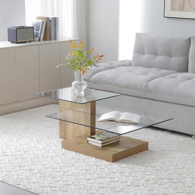 Alt view image 6 of 7 - Glass Coffee Table with Storage, 44 Inch Rectangular Coffee Tables for Living Room, 3-Tier Tempered Glass Wooden Center Table Modern Accent Cocktail Table for Home Office (Wood)