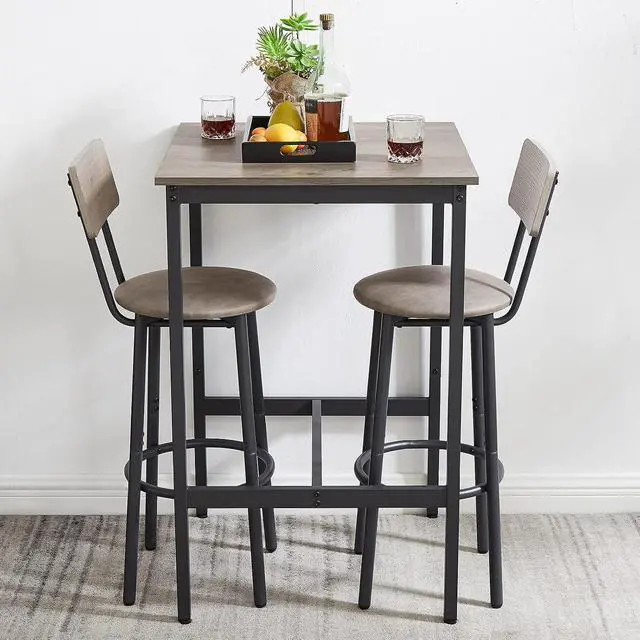 Alt view image 3 of 7 - Bar Table and Chairs Set for 2, 3 Piece Bistro Pub Table with 2 Stools,PU Upholstered Counter Height Dining Table and Chairs Set for Kitchen,Living Room,Bar,Small Spaces (Square Grey)
