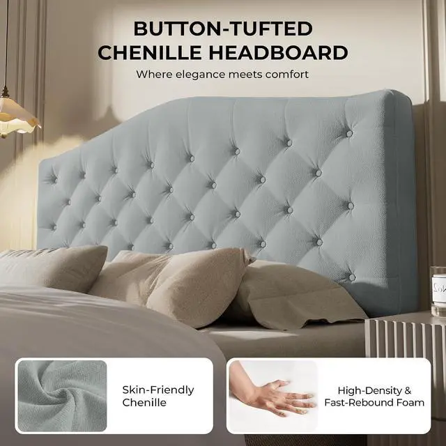 Alt view image 4 of 7 - Upholstered Headboard Queen Size with 4" Thickened High-Density Sponge, Modern Button-Tufted Queen Headboard Only, Luxury Chenille Fabric, Easy Assembly, Grey