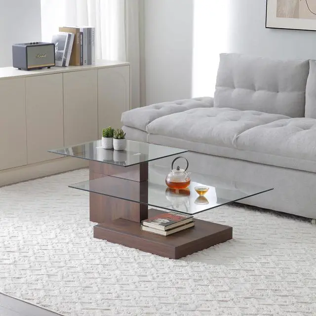 Alt view image 6 of 7 - Glass Coffee Table with Storage, 44 Inch Rectangular Coffee Tables for Living Room, 3-Tier Tempered Glass Wooden Center Table Modern Accent Cocktail Table for Home Office (Walnut)