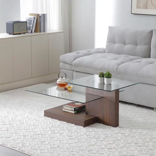 Alt view image 7 of 7 - Glass Coffee Table with Storage, 44 Inch Rectangular Coffee Tables for Living Room, 3-Tier Tempered Glass Wooden Center Table Modern Accent Cocktail Table for Home Office (Walnut)