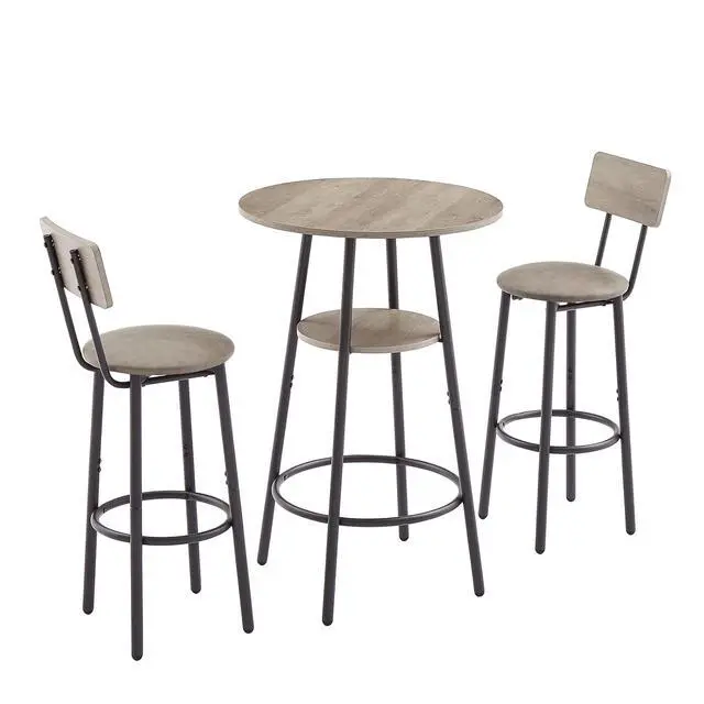 Alt view image 6 of 7 - Bar Table and Chairs Set for 2, 3 Piece Round Bistro Pub with 2 Stools,PU Upholstered Counter Height Dining Kitchen,Living Room,Bar,Small Spaces (Round Grey) 1+2 round