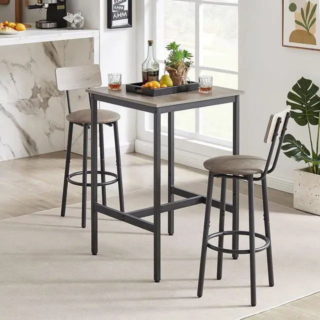 Alt view image 7 of 7 - Bar Table and Chairs Set for 2, 3 Piece Bistro Pub Table with 2 Stools,PU Upholstered Counter Height Dining Table and Chairs Set for Kitchen,Living Room,Bar,Small Spaces (Square Grey)