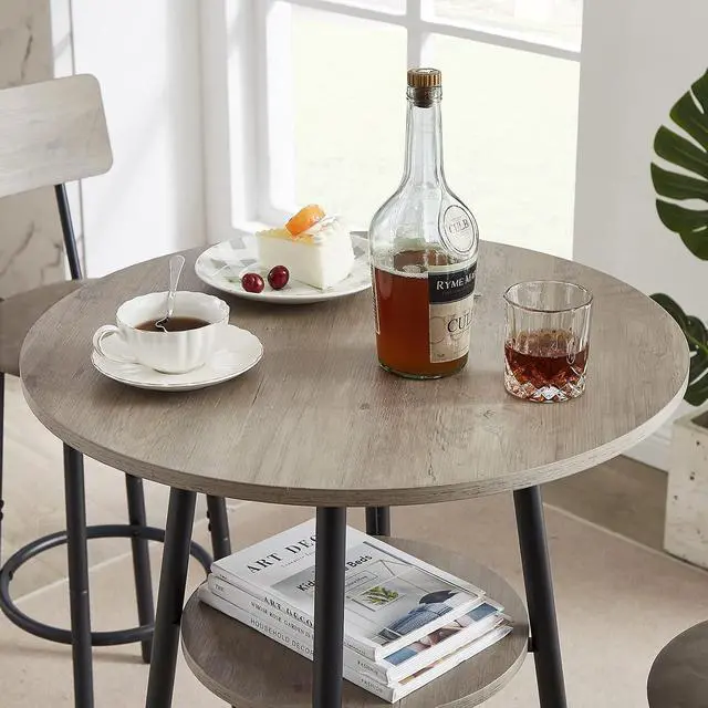 Alt view image 4 of 7 - Bar Table and Chairs Set for 2, 3 Piece Round Bistro Pub with 2 Stools,PU Upholstered Counter Height Dining Kitchen,Living Room,Bar,Small Spaces (Round Grey) 1+2 round