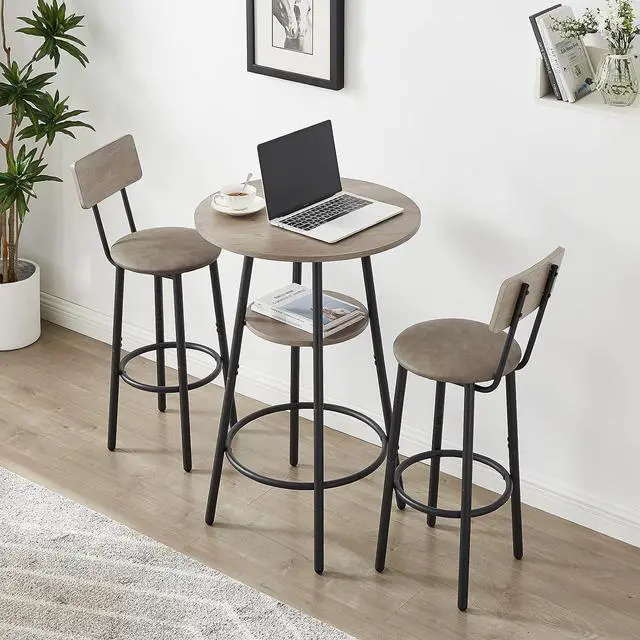 Alt view image 3 of 7 - Bar Table and Chairs Set for 2, 3 Piece Round Bistro Pub with 2 Stools,PU Upholstered Counter Height Dining Kitchen,Living Room,Bar,Small Spaces (Round Grey) 1+2 round