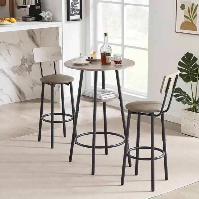 Alt view image 7 of 7 - Bar Table and Chairs Set for 2, 3 Piece Round Bistro Pub with 2 Stools,PU Upholstered Counter Height Dining Kitchen,Living Room,Bar,Small Spaces (Round Grey) 1+2 round