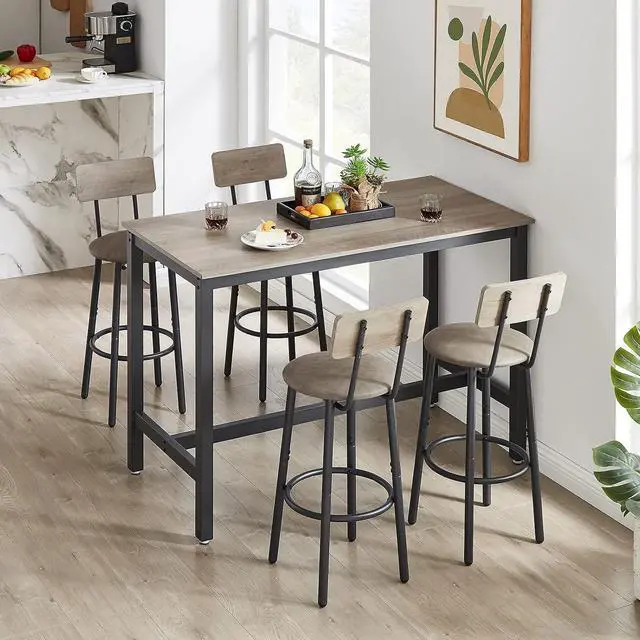 Main image of Bar Table Set with 4 Stools,PU Upholstered Counter Height Dining Set for Kitchen, Living Room, Bar, Small Spaces (Grey)